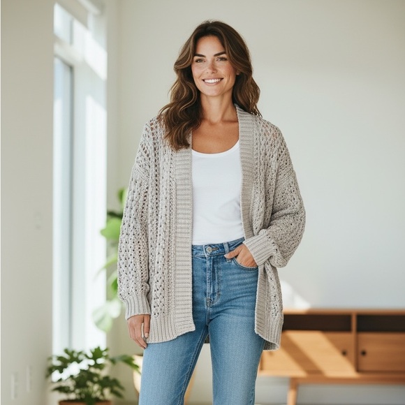 Dex Sweaters - Dex Chunky S/M Beige Open Crochet Stitch Open Front Oversized Fit Cardigan